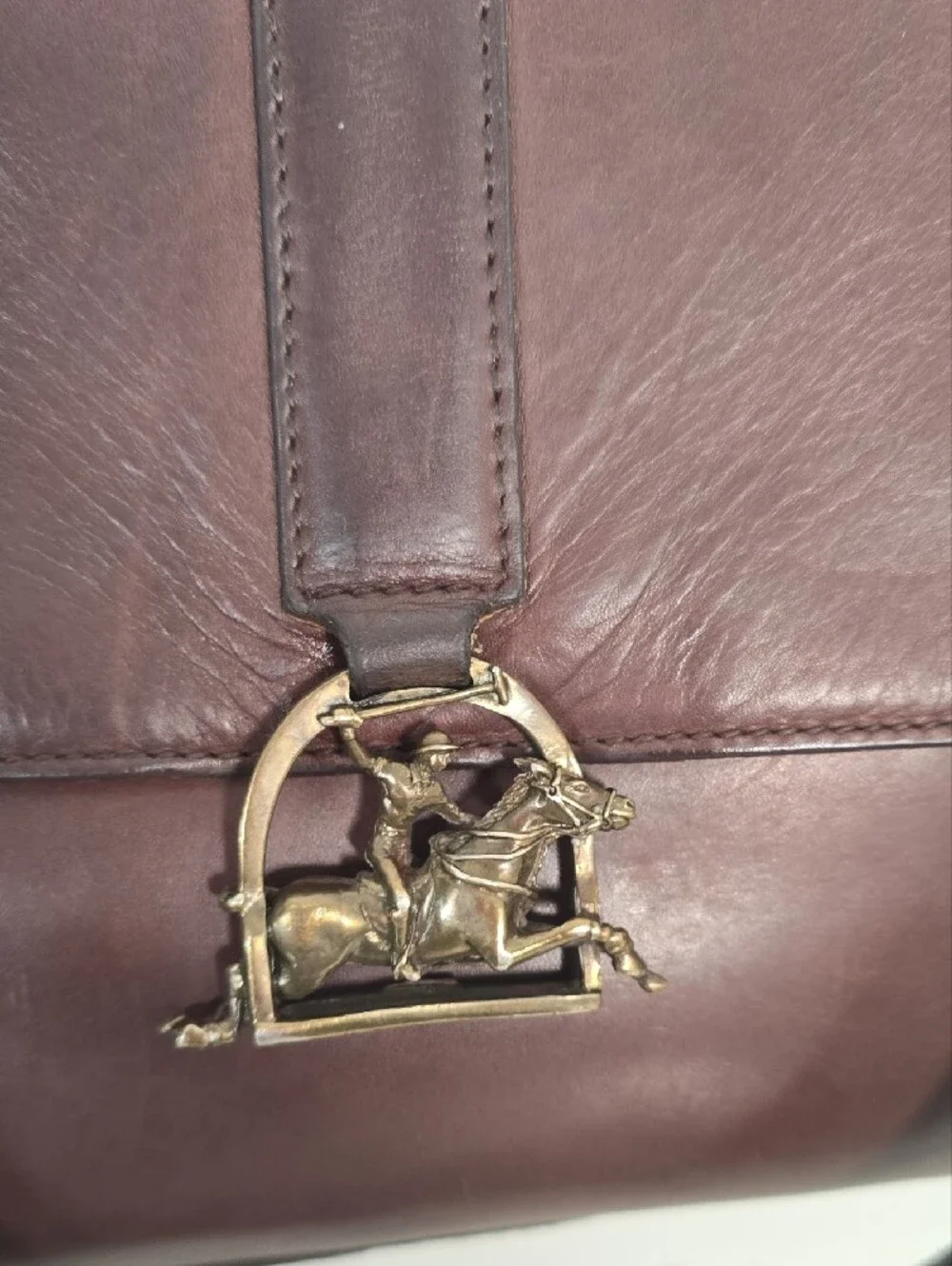 Vtg Ralph Lauren Equestrian  Leather Horse Bit Clasp Messenger Bag in Dark Brown